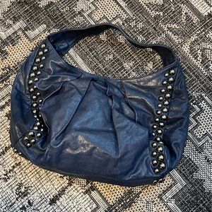 TREESJE Navy Blue Butter Soft Leather Pleated Shoulder Handbag Gunmetal Studs